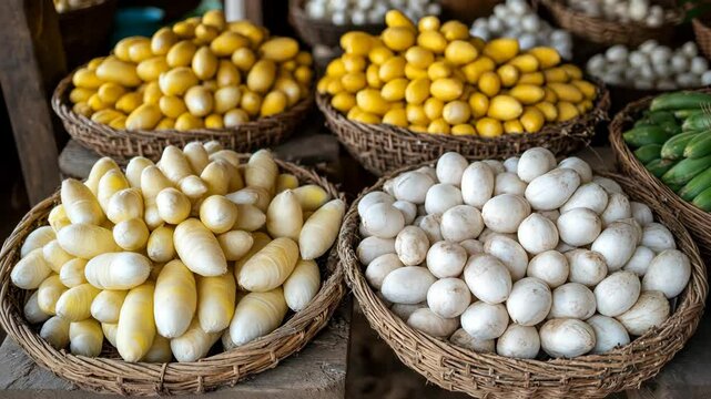Fresh harvest of yellow and white silkworm cocoons displayed in woven baskets at a local market