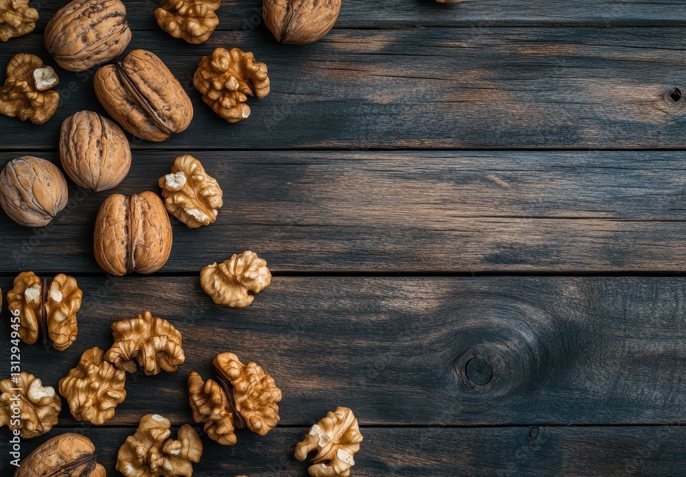 Aufkleber assorted walnuts on rustic wooden table with dark grain background in natural lighting for nut-based