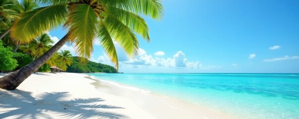 Turquoise water laps white sand beach, palm trees sway in gentle breeze , vibrant, blue, idyllic