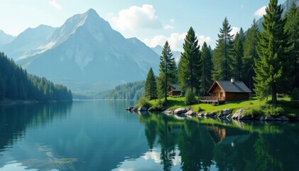 Fototapeta premium Tranquil pine forest scene, serene lake, cozy cabins , rustic, landscape, calm