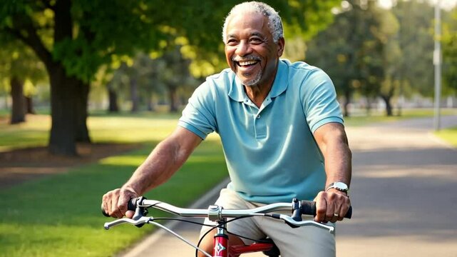 A cheerful senior black man joyfully rides his bicycle through a sunny park. Concept of active aging and healthy lifestyle