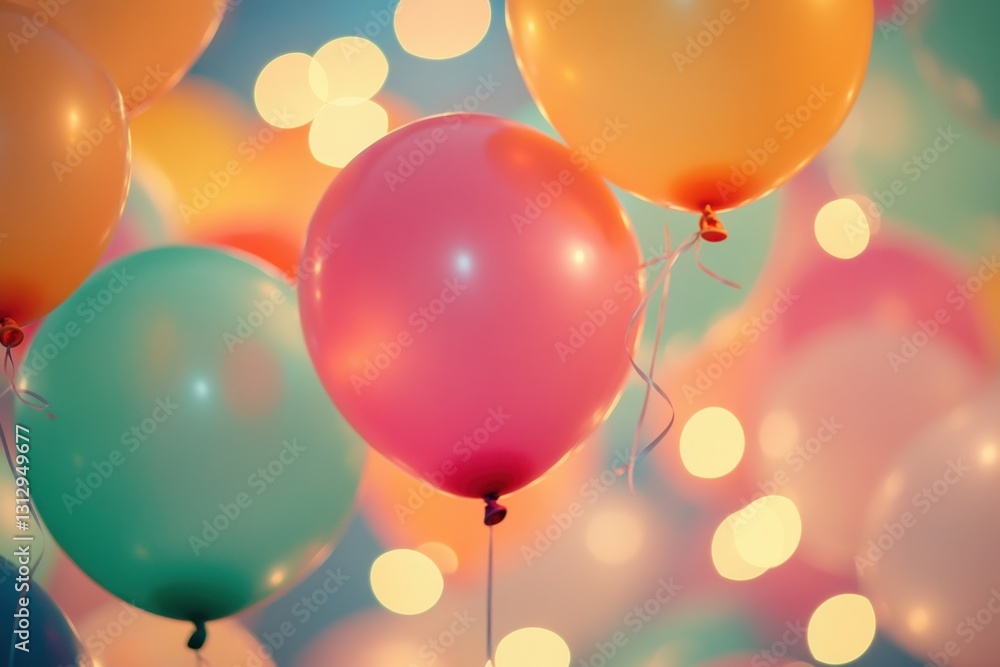 Poster colorful balloons floating in the air, with soft lighting creating a dreamy atmosphere the backgroun