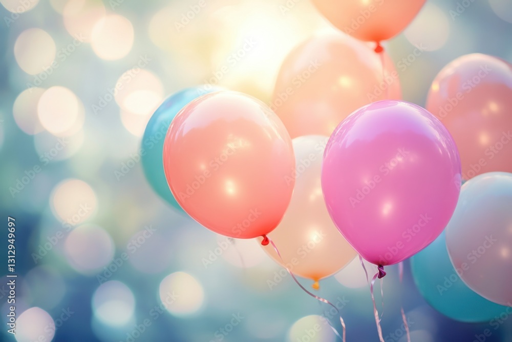 Poster colorful balloons floating in the air, with soft lighting creating a dreamy atmosphere the backgroun