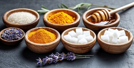 Assortment of Natural Ingredients Featuring Sugar, Honey, Turmeric, and Lavender in Wooden Bowls on a Dark Slate Surface