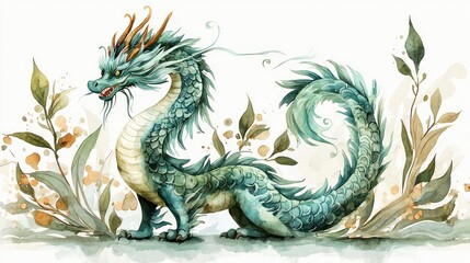 Fototapeta premium Watercolor Asian Dragon Illustration with Leaves and Ornate Details