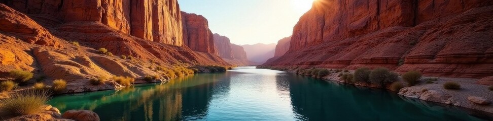 Colorado River canyon, sharp cliffs, sunlit water , image, photography