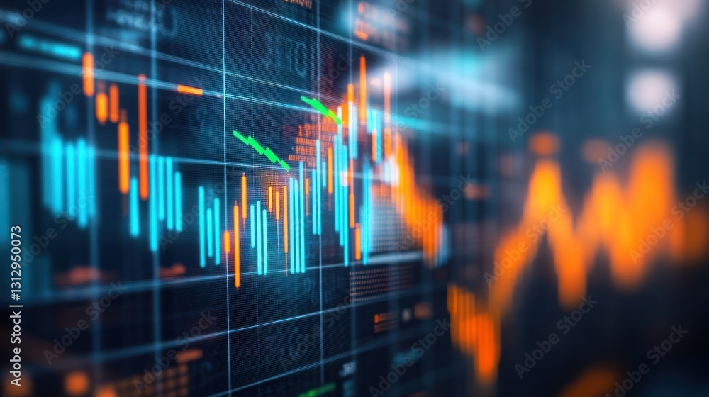 Poster stock market data on a large screen, showing various trading charts and indicators. possible use in 