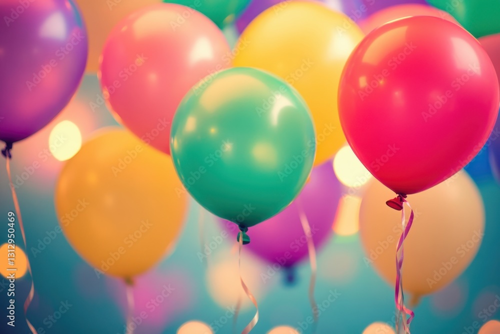 Poster colorful balloons floating in the air, with soft lighting creating an atmosphere of celebration and 