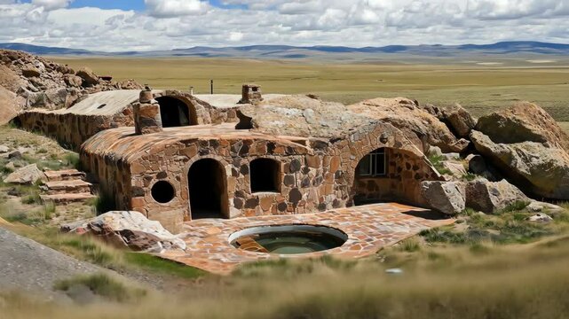Unique stone structure nestled among rocky terrain in a vast open landscape during daylight hours