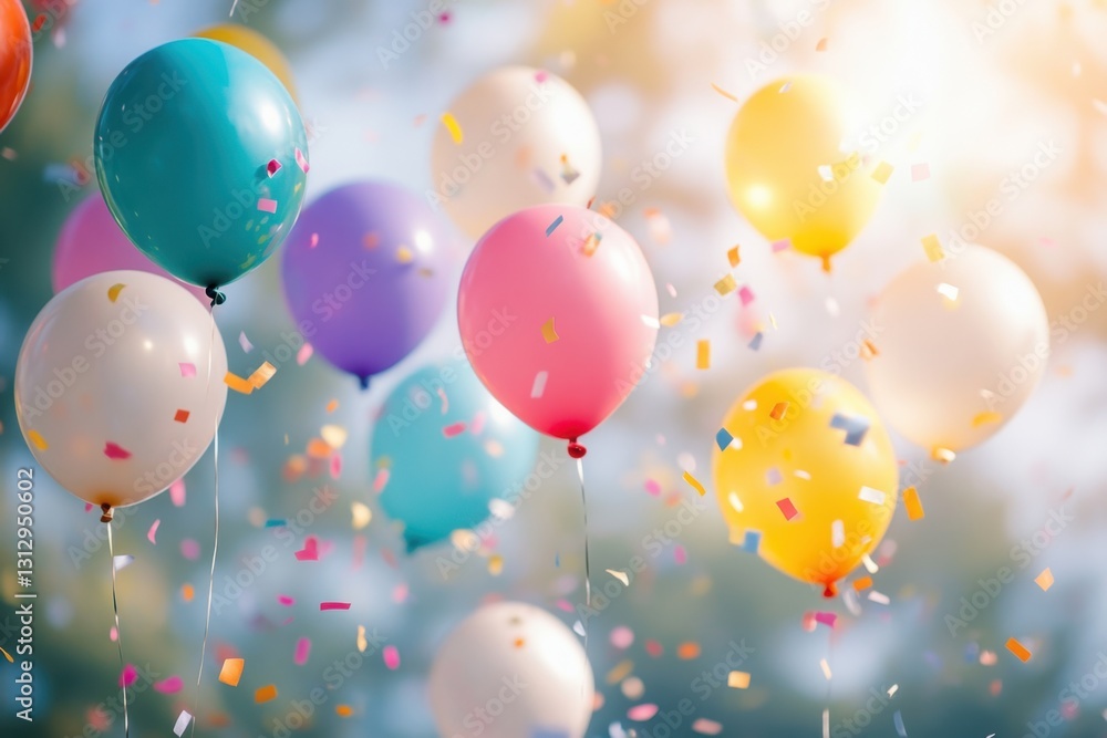 Poster colorful balloons floating in the air, with a blurred background and sunlight shining through them t