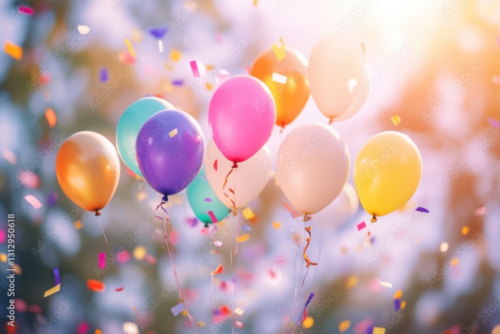 Poster colorful balloons floating in the air, with a blurred background and sunlight shining through them t