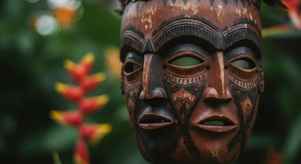 African tribal mask with carved faces and colorful decorations in tropical garden. Traditional wooden sculpture. Cultural art for home decor and ethnic interior design