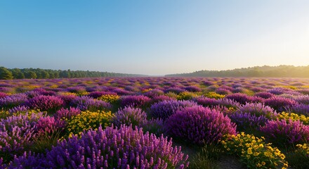 Naklejka premium Vibrant Lavender Yellow Flower Field at Sunrise Nature Landscape