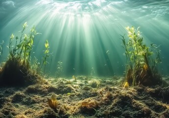 Naklejka premium Beautiful underwater scene showcasing sun rays illuminating aquatic plants and vibrant marine life in a tranquil natural environment