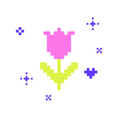 Abstract flower pixel art icon. Y2k pixel spring emoji. Cute plant retro sticker. Editable pixel vector color floral element. Game abstract element. Bright geometric shape. Mood of 90s