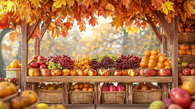 Three-dimensional transparent autumn farmer market produce isolated on a white background featuring a vibrant display of fresh fruits and vegetables under colorful fall leaves