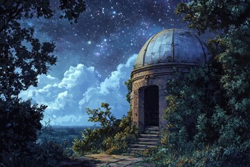 Obraz premium An old observatory stands beneath a beautiful starry night sky