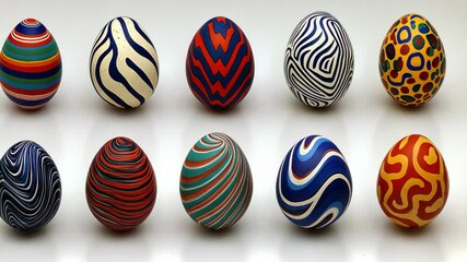 Colorfully decorated eggs displayed in a row with various intricate patterns and designs