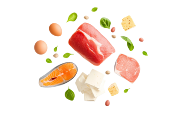 Variety of meats and vegetables are scattered across a white background, isolated