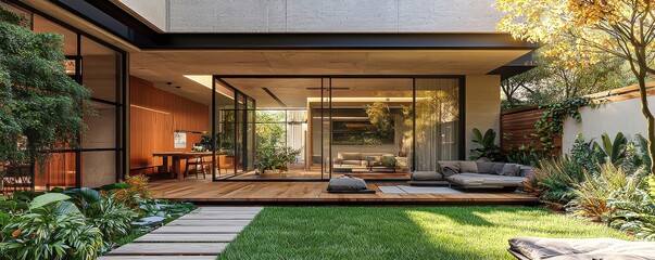 Contemporary apartment design featuring innovative architecture with stylish facades elegant doors beautiful flooring and a serene garden with lush grass, creating a harmonious living space.