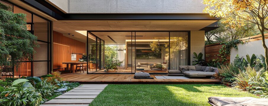 Contemporary apartment design featuring innovative architecture with stylish facades elegant doors beautiful flooring and a serene garden with lush grass, creating a harmonious living space.