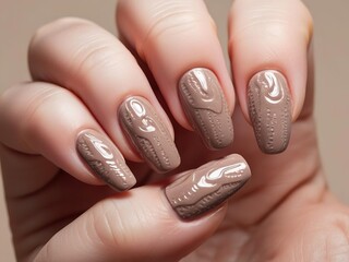 Original relief brown manicure on nails, mocha mousse fashion trend 2025, imitation of chocolate drips, coffee mousse