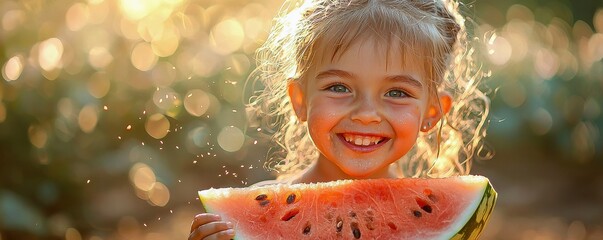 Playful young girl spits out juicy melon seed amidst a funny watermelon eating scene, capturing the hoyden spirit.