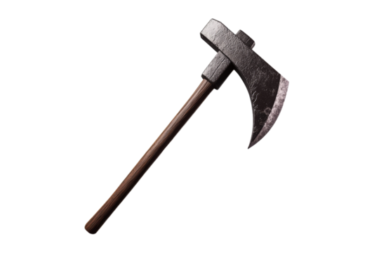 Large, wooden, black and grey axe is shown on a white background, isolated