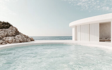 Fototapeta premium Seascape Minimalist Architecture: Sunlit White Structure and Infinity Pool