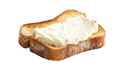 Single slice of toasted bread spread with cream cheese isolated on transparent background Isolated Background on White 