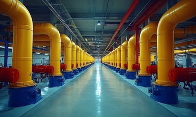 Fototapeta premium Industrial Facility Interior with Yellow and Red Pipes