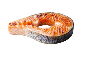 Piece of salmon with a grill on it, isolated