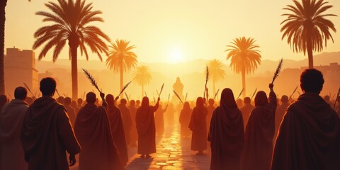 Fototapeta premium Triumphal Palm Sunday: Jerusalem Crowd Silhouette - Christ's Entry, Ancient Cityscape & Palm Tree