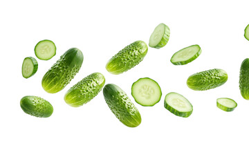 Bunch of cucumbers are flying through the air, isolated