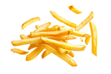 Pile of french fries is shown in the air, isolated