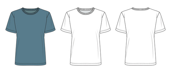 Naklejka premium Basic Women's and Teen Girls' T-Shirt - Technical Flat Sketch with Round Neckline (Front and Back view)