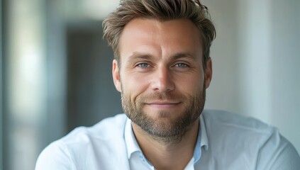 Obraz premium Confident man smiling, office headshot, blurred background, professional portrait