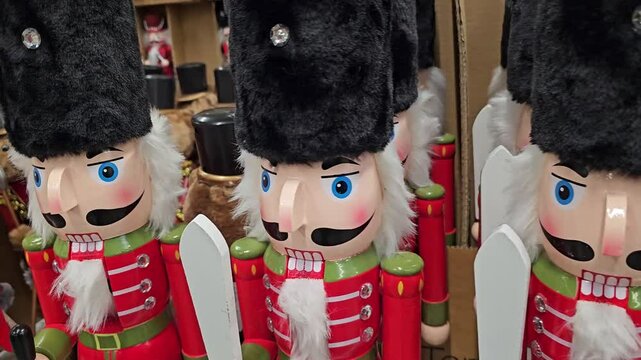 Nutcracker toys are arranged on a store shelf alongside Christmas tree ornaments and festive decorations. a lineup of Nutcracker Soldiers in uniform 