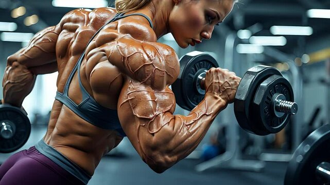  Muscular athlete lifting dumbbells in gym with defined biceps and veins visible