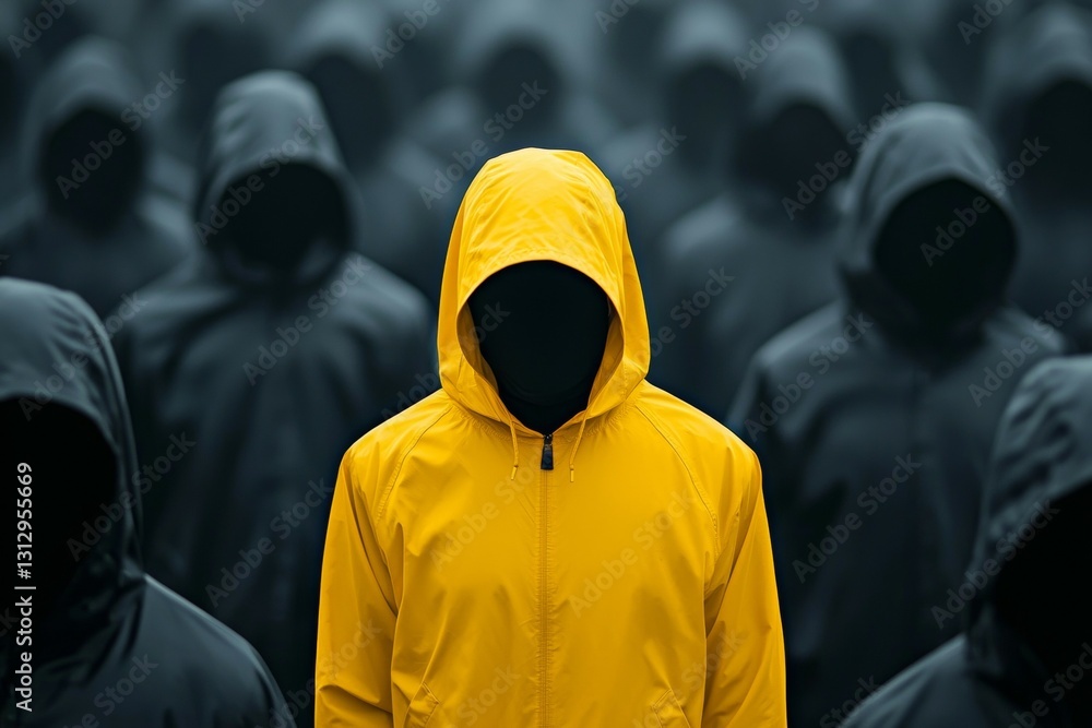 Poster concept of anonymity and isolation, as the man is the only one in the foreground