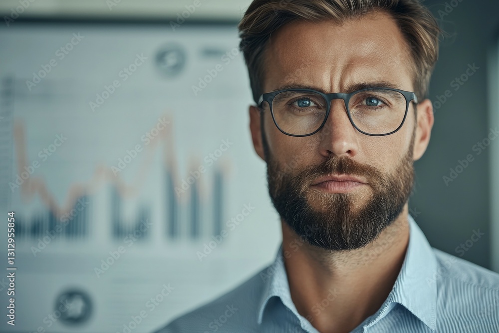 Aufkleber man with glasses is standing in front of a white board with graphs on it