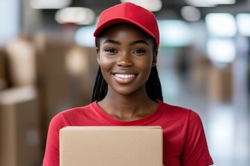 Woman wearing a red shirt and a red hat is smiling and holding a cardboard box