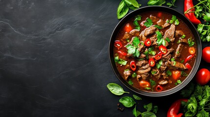 Spicy beef stew with tomatoes and chili peppers.  A flavorful and hearty dish.