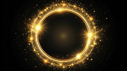 Glittering golden circle frame on a black canvas, surrounded by soft halo of light