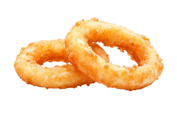 Two fried onion rings on a white background, isolated