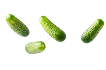 Four cucumbers are flying through the air, isolated