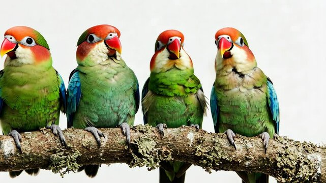 Colorful parrots perch together on a branch, showcasing vibrant plumage and engaging expressions in a natural setting