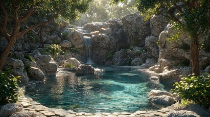 Naklejka premium Tranquil waterfall oasis serene nature retreat digital art peaceful environment close-up view gigapixel inspiration