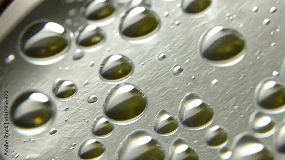 Poster close-up view of raindrops on a metallic surface showcasing various shapes and reflections under nat