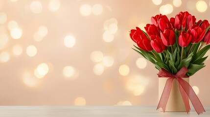 Vibrant red tulips in vase with soft bokeh background